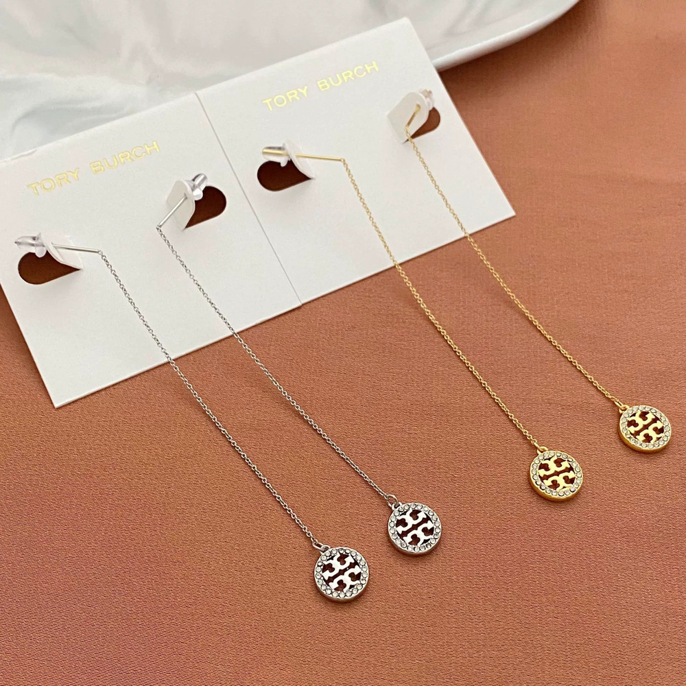 Tory Burch Diamond Hollow Letter Round Long Drop Metal Earrings